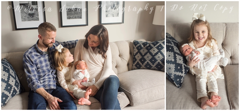 Lifestyle newborn photography session on couch