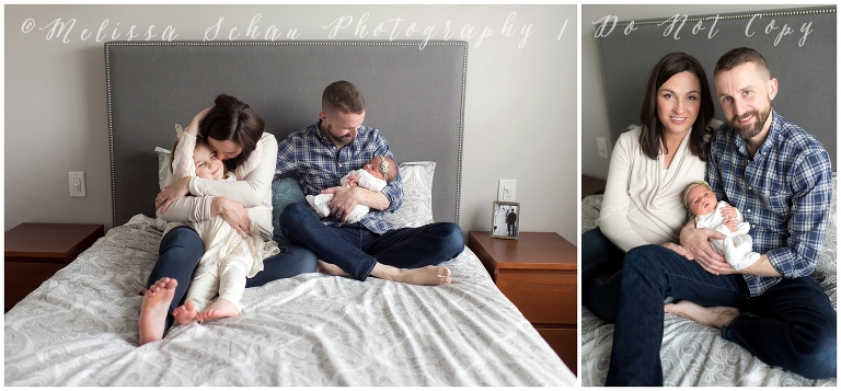 Newborn family photo on bed