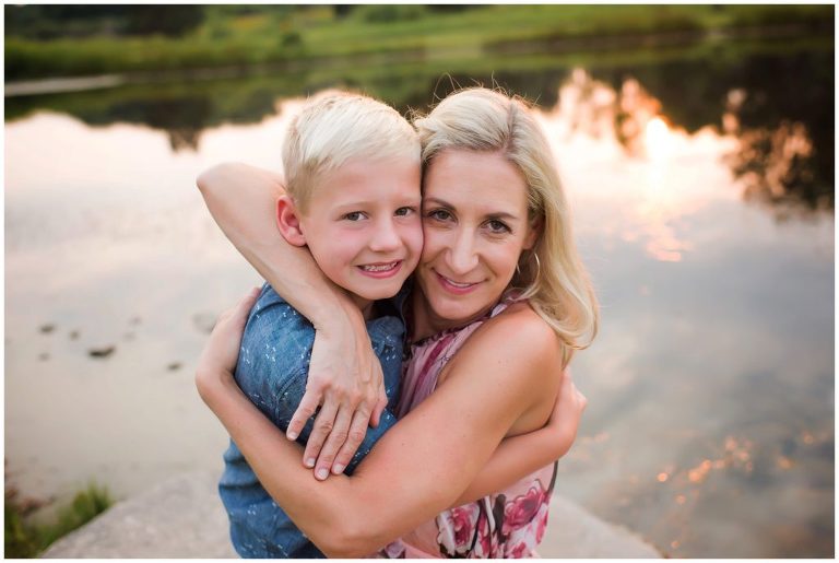 mother hugging son portrait